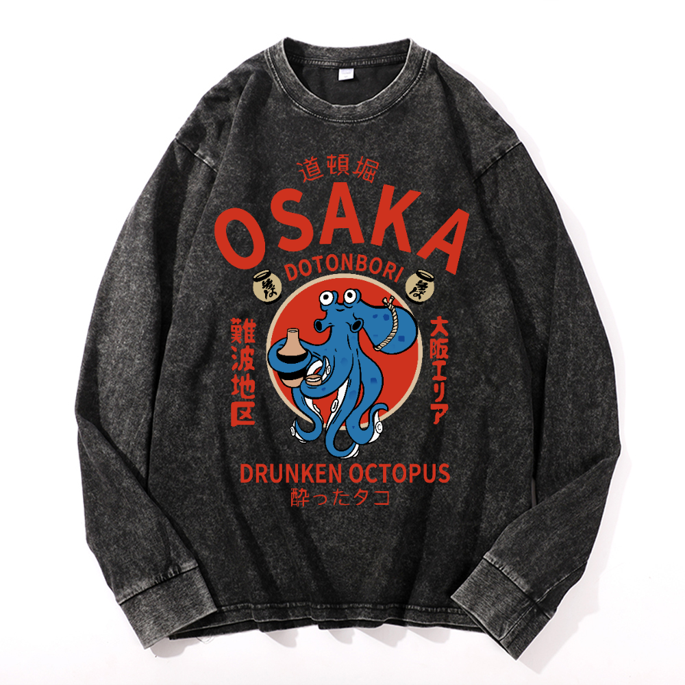 Osaka Dotonbori Drunken Octopus Vintage Cotton Wash Crewneck Long-Sleeve T-Shirt