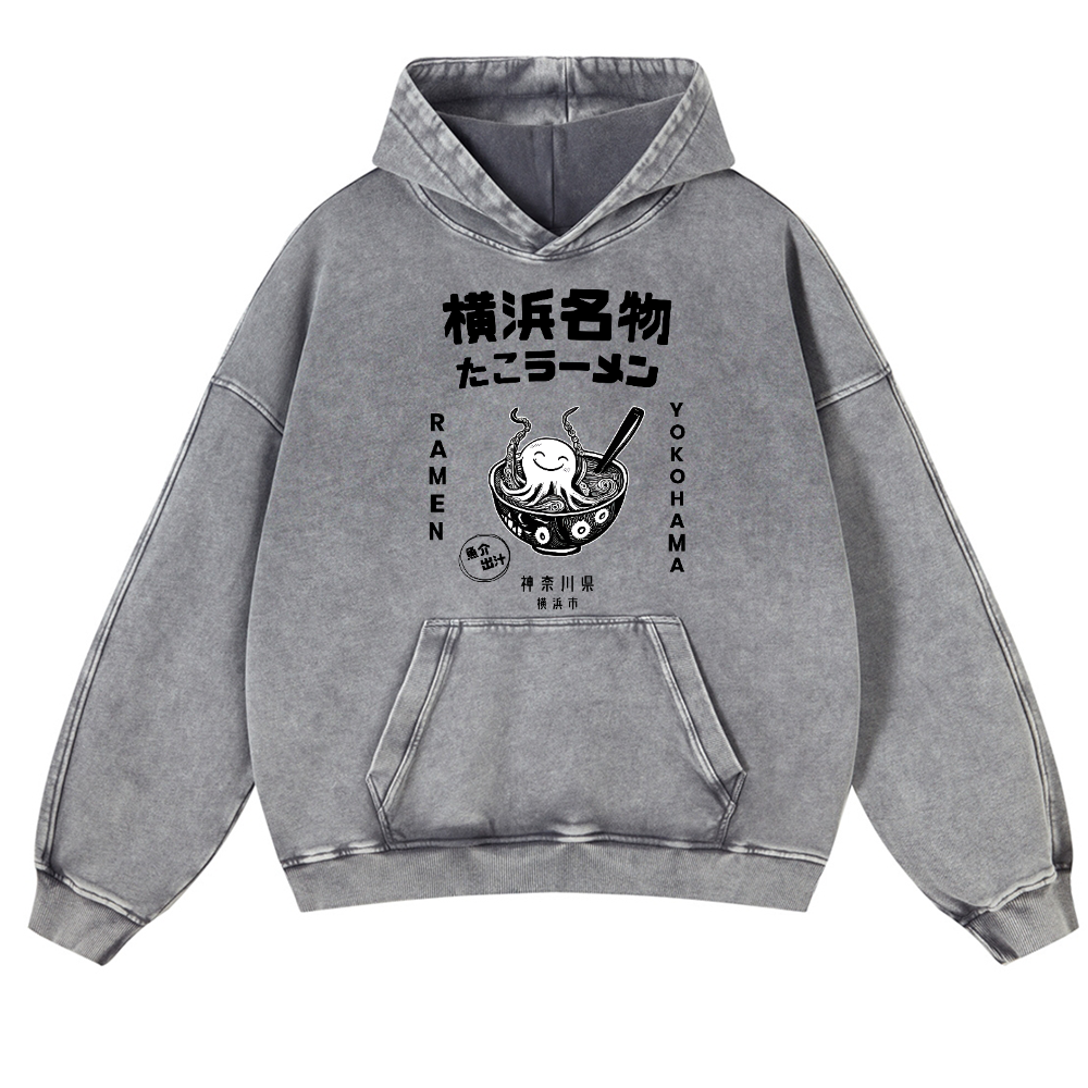 Yokohama Ramen Octopus Vintage Washed Thick Cotton Hoodie