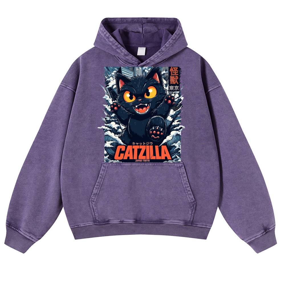 Catzilla Cat Kaiju Vintage Washed Thick Cotton Hoodie