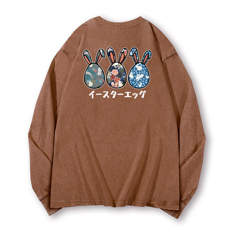 Rabbit Easter Eggs Vintage Washed Cotton Back Art Long-sleeve T-shirt