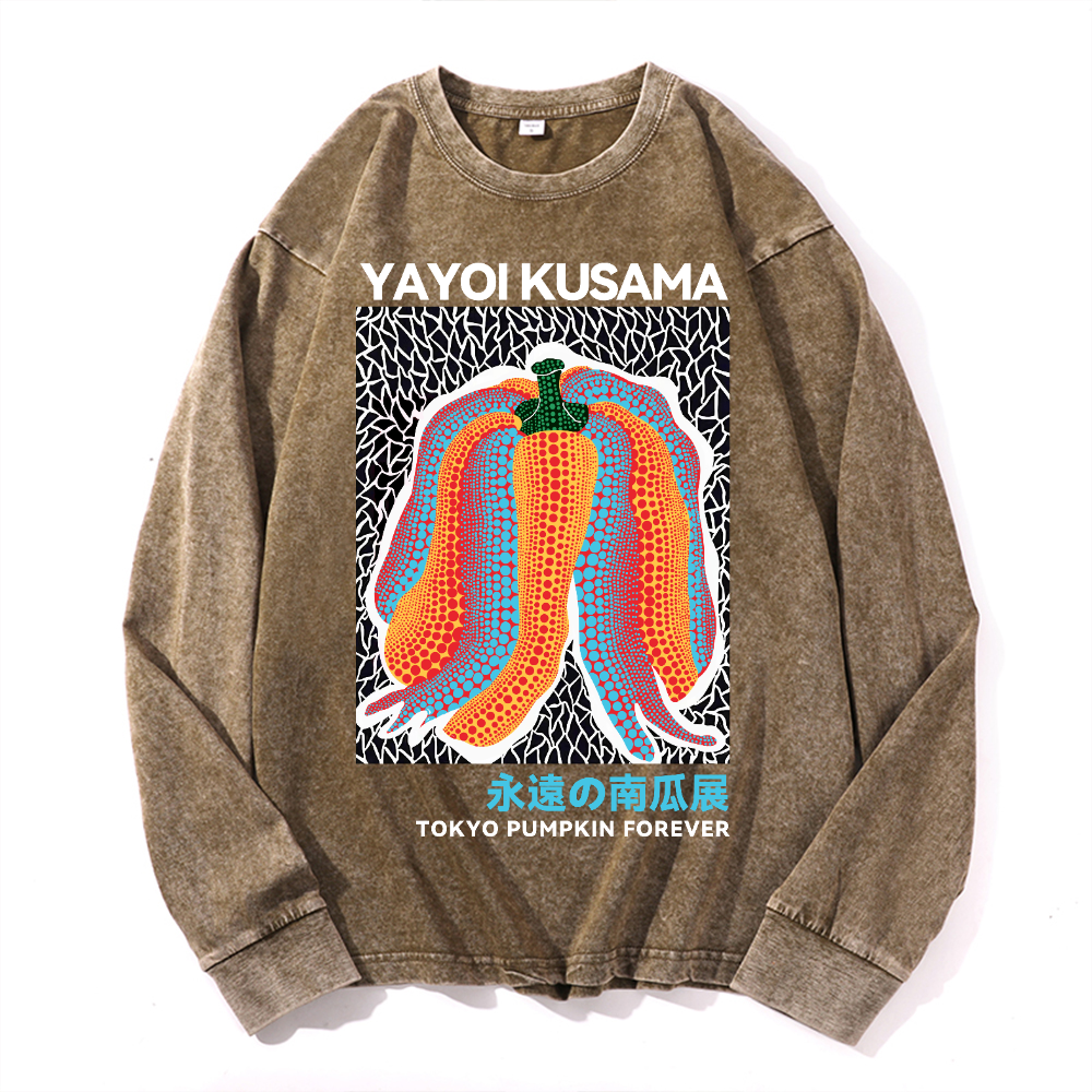 Yayoi Kusama Pumpkin Vintage Cotton Wash Crewneck Long-Sleeve T-Shirt