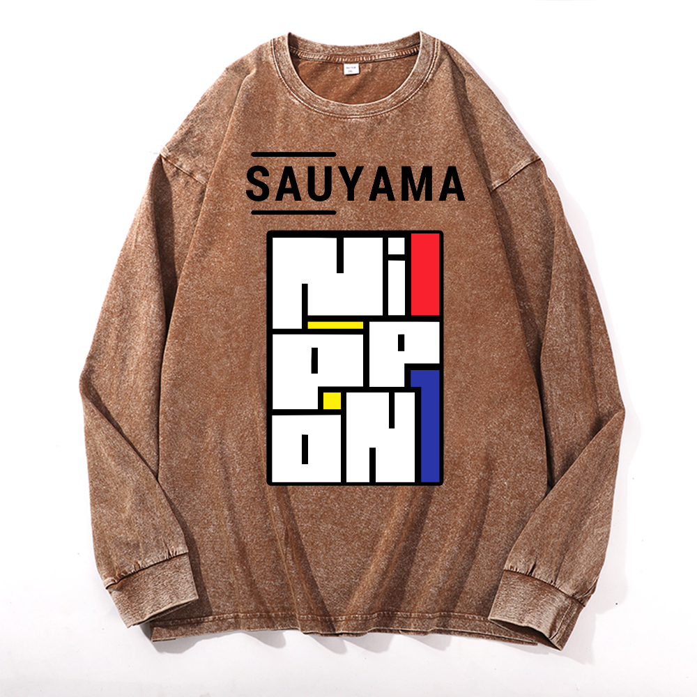 Sauyama Nippon Vintage Cotton Wash Crewneck Long-Sleeve T-Shirt