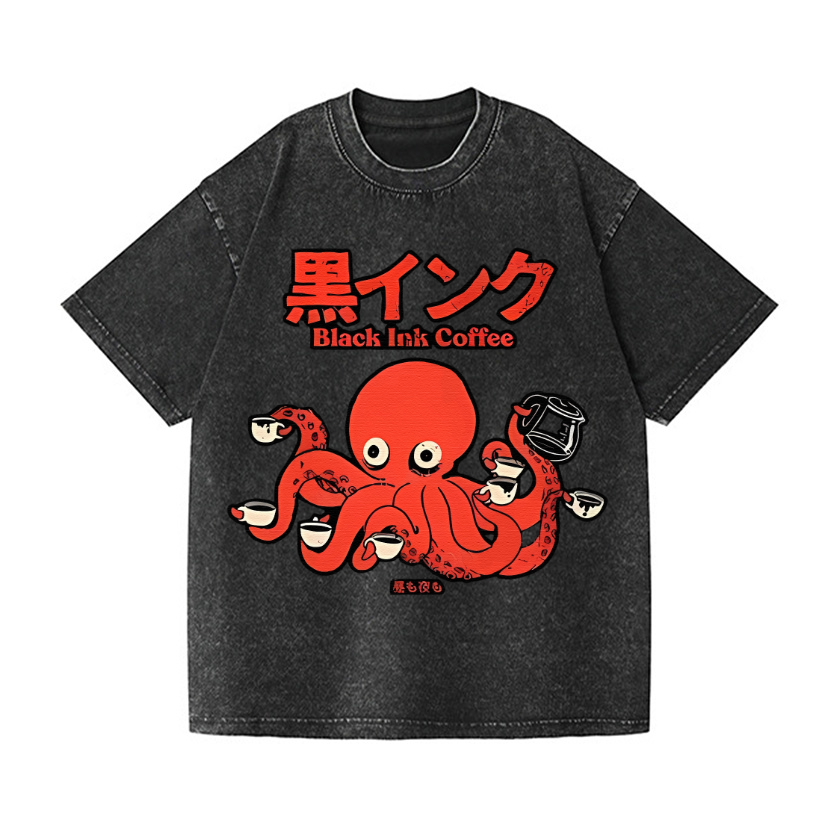 Octopus Coffee Vintage Wash Japanese Design T-Shirt