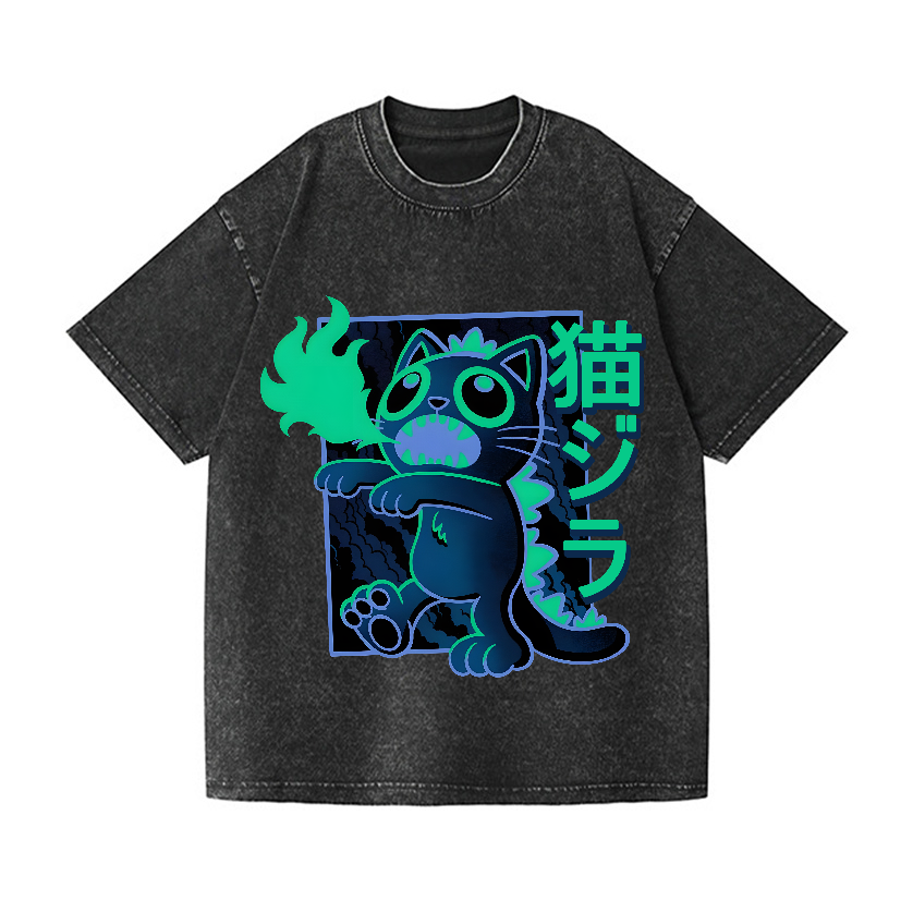 Cat Kaiju Vintage Wash Japanese Design T-Shirt
