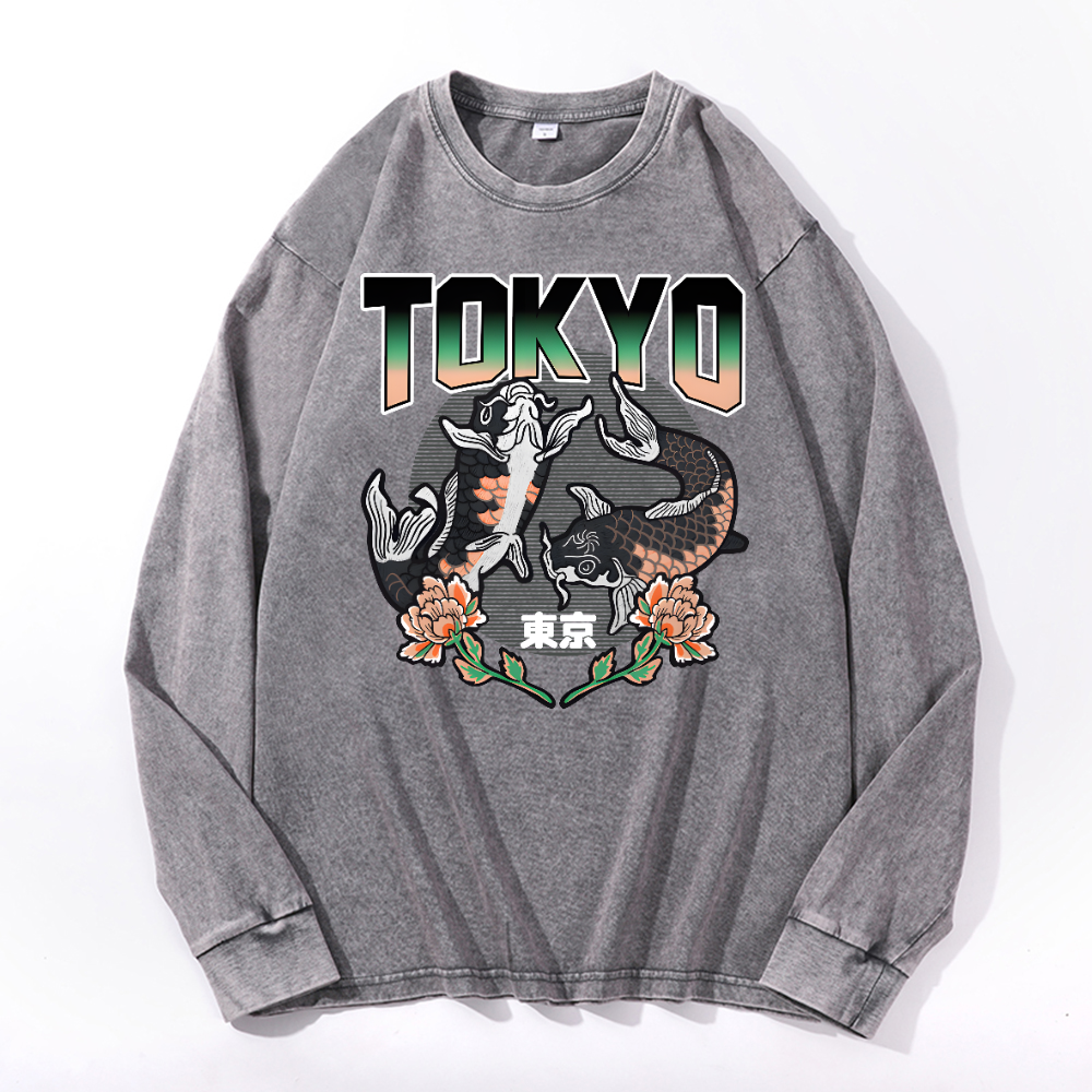 Tokyo Koi Vintage Cotton Wash Crewneck Long-Sleeve T-Shirt