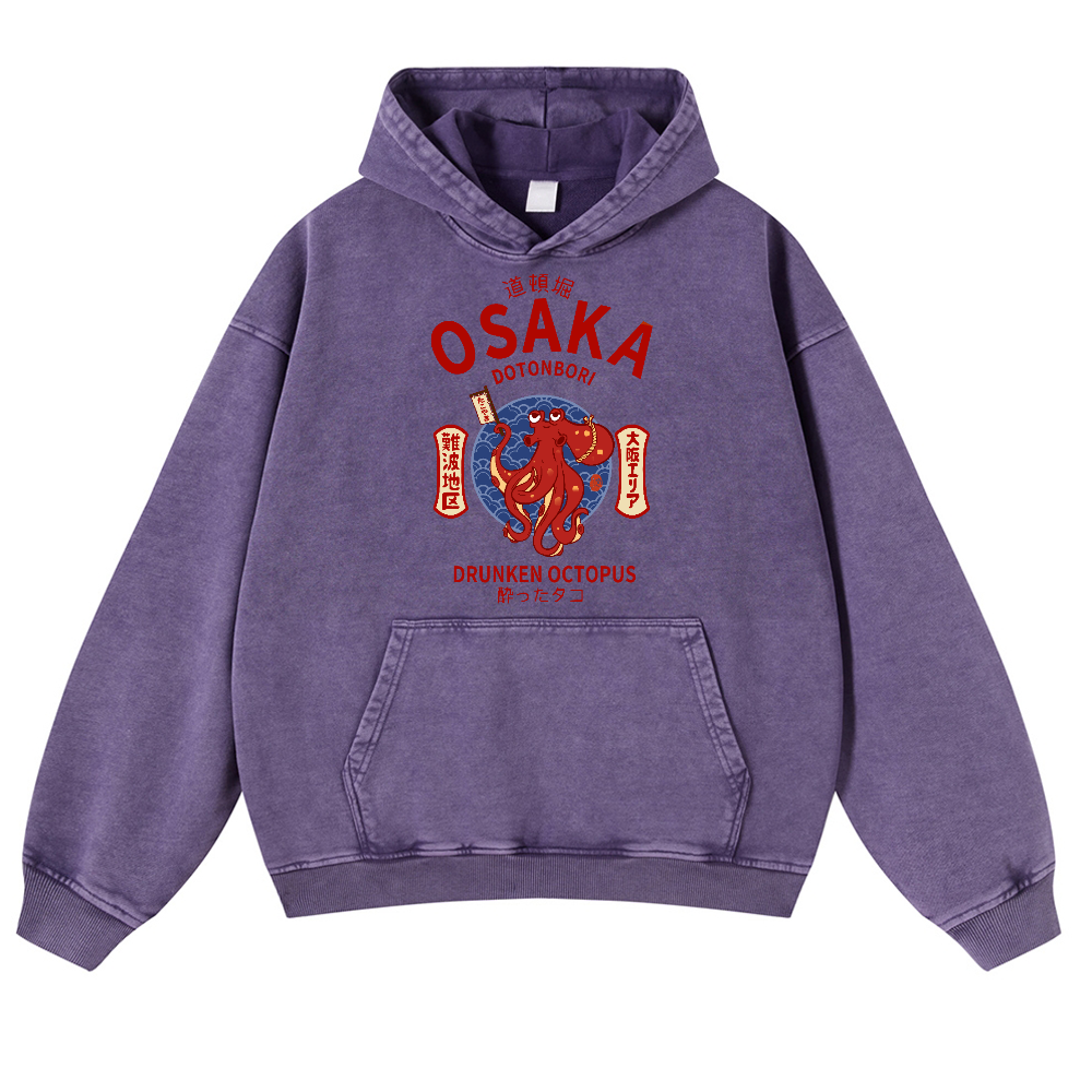 Osaka Dotonbori Drunken Octopus Vintage Washed Thick Cotton Hoodie