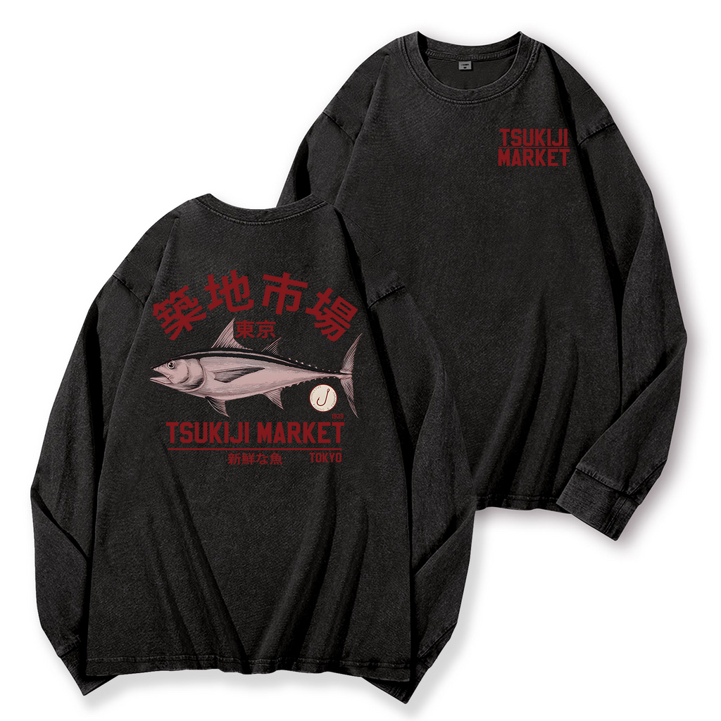 Tsukiji Fish Market Vintage Washed Cotton Back Art Long-sleeve T-shirt
