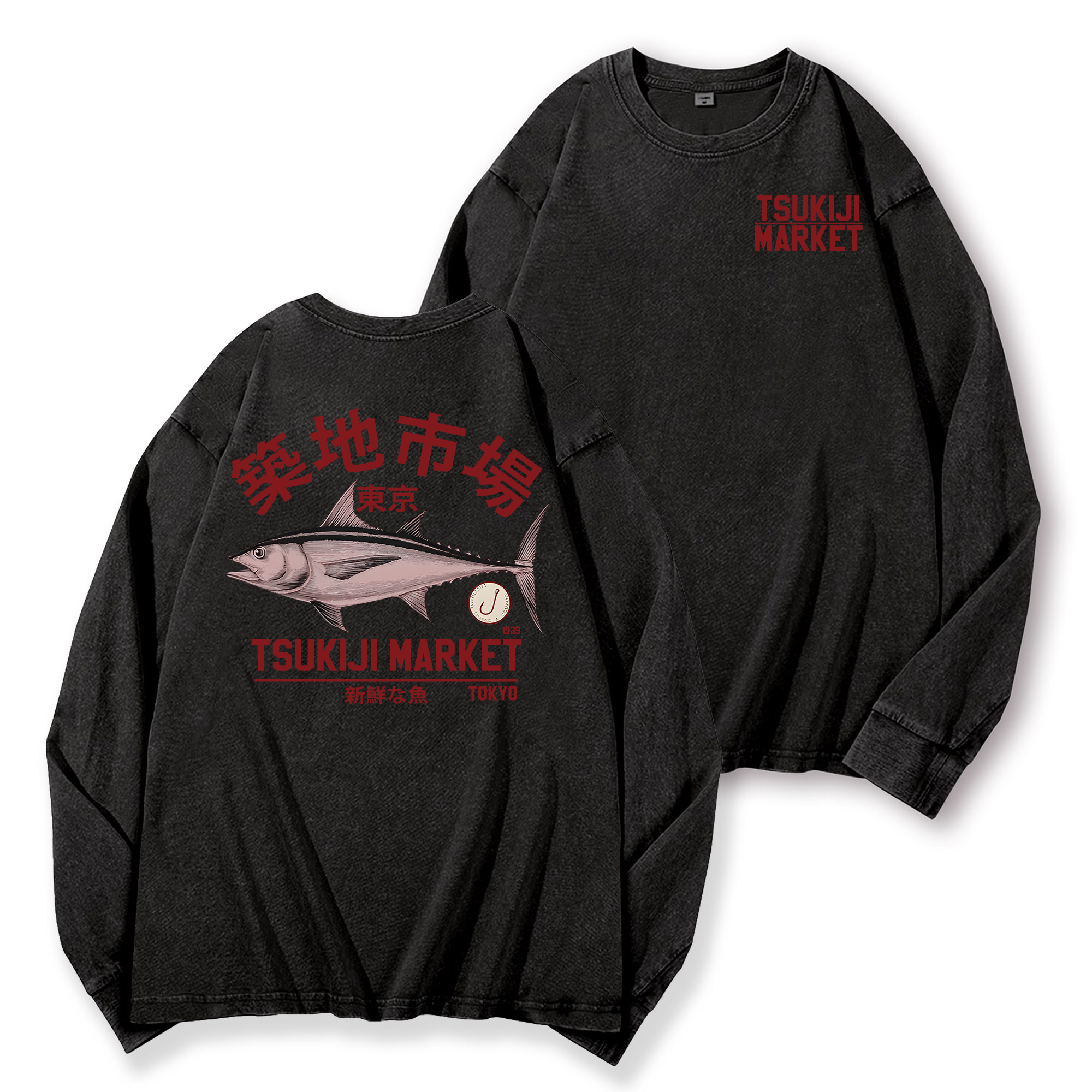 Tsukiji Fish Market Vintage Washed Cotton Back Art Long-sleeve T-shirt