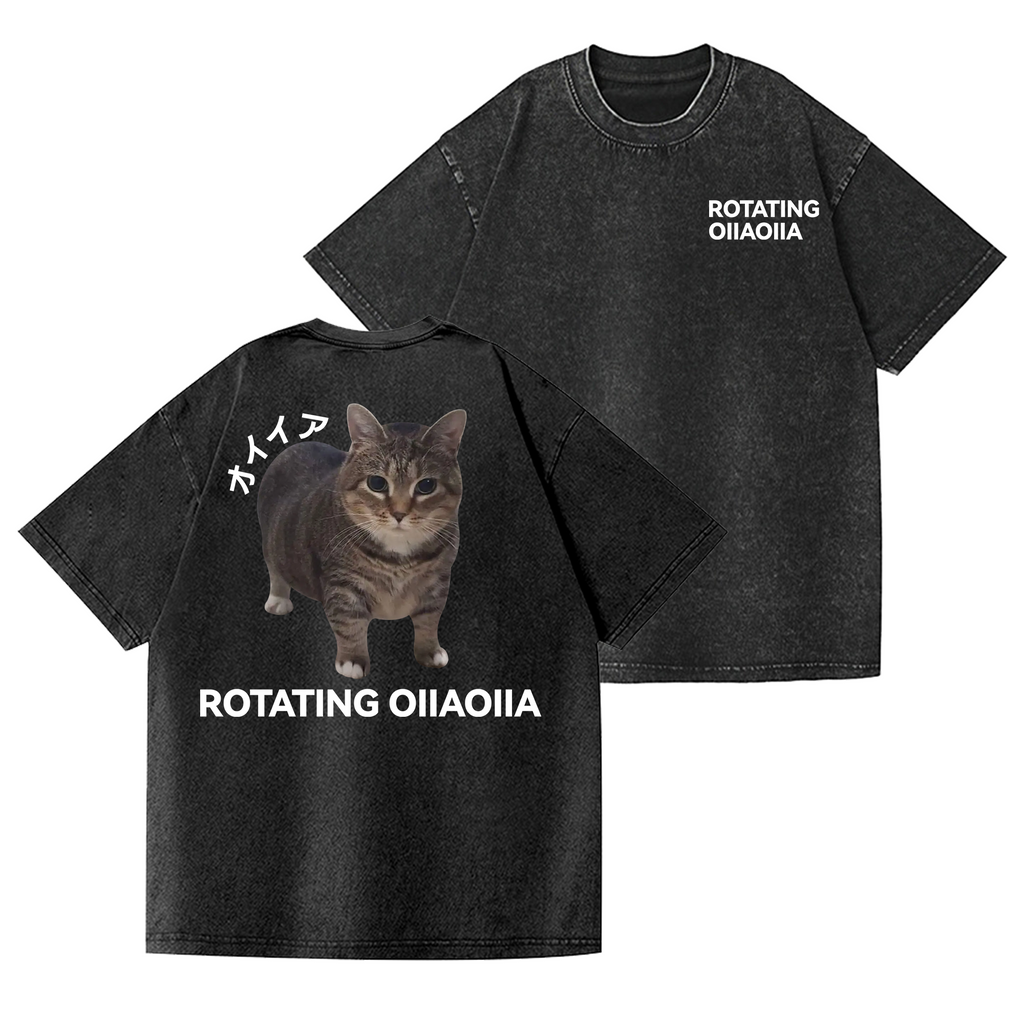 OIIA Cat Vintage Wash Japanese Design Back Art T-Shirt