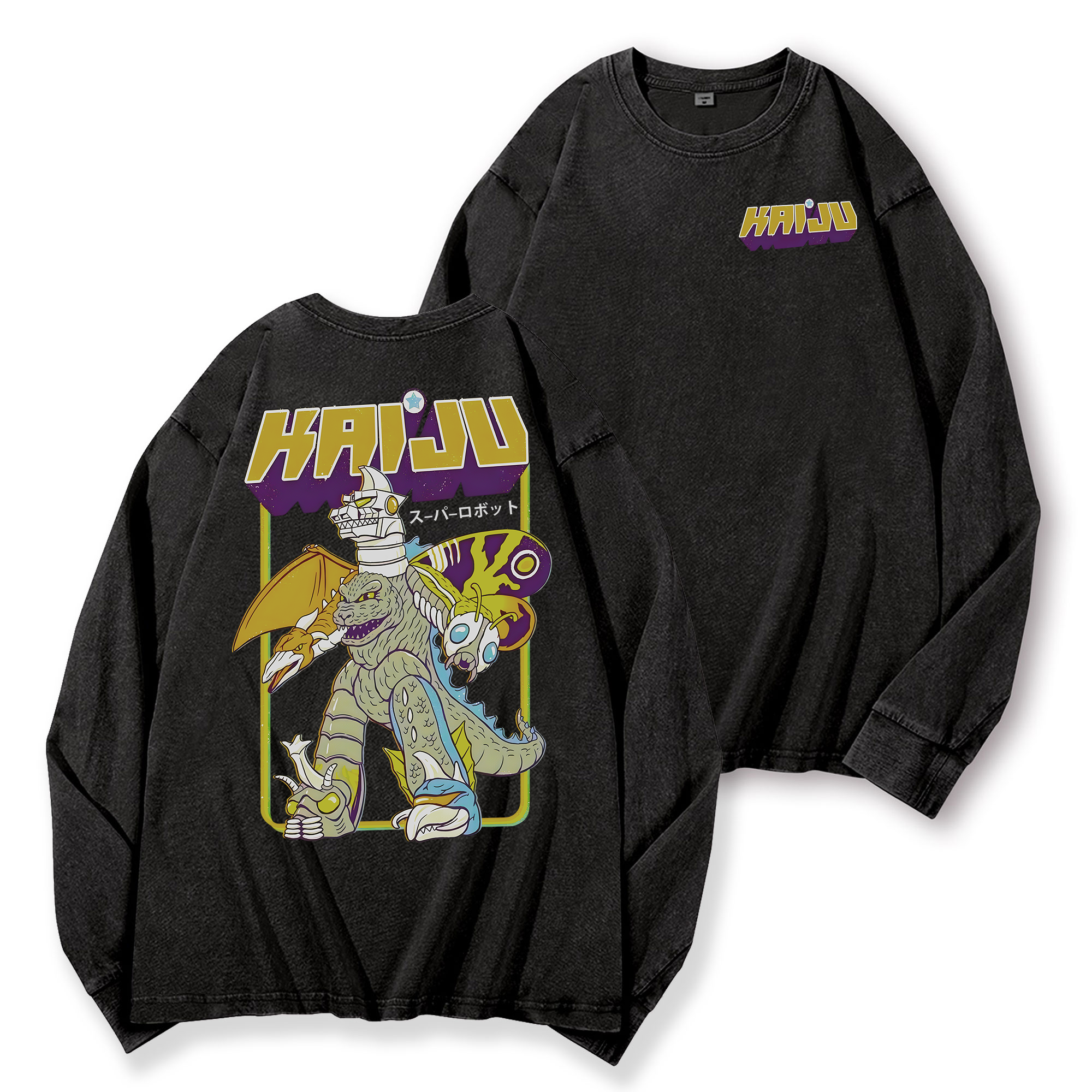 Kaiju Monster Vintage Washed Cotton Back Art Long-sleeve T-shirt