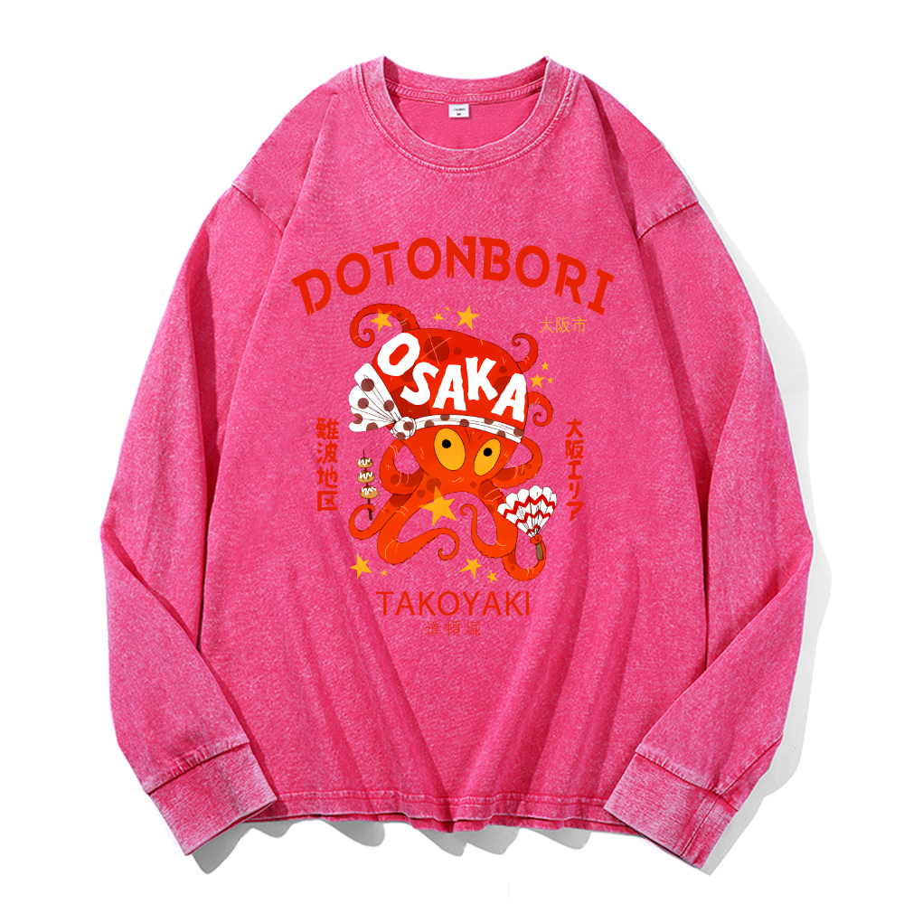 Dotonbori Takoyaki Vintage Cotton Wash Crewneck Long-Sleeve T-Shirt