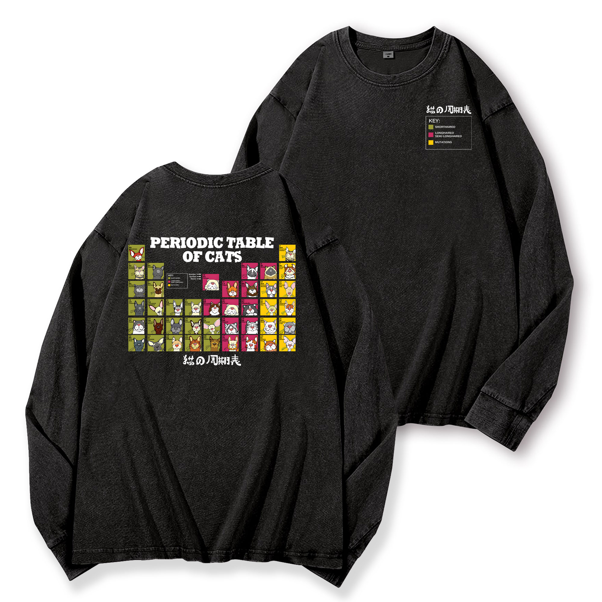Periodic Table of Cats Vintage Washed Cotton Back Art Long-sleeve T-shirt