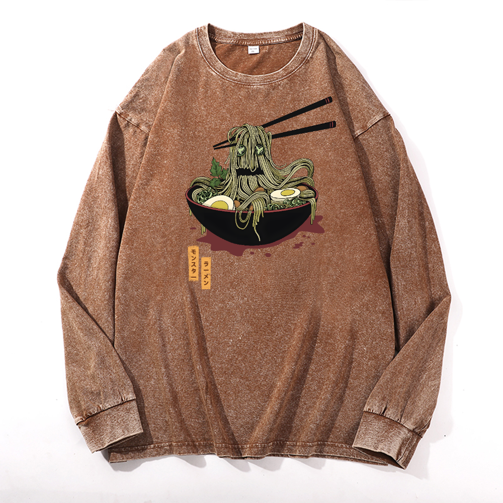 Ramen Monster Vintage Cotton Wash Crewneck Long-Sleeve T-Shirt