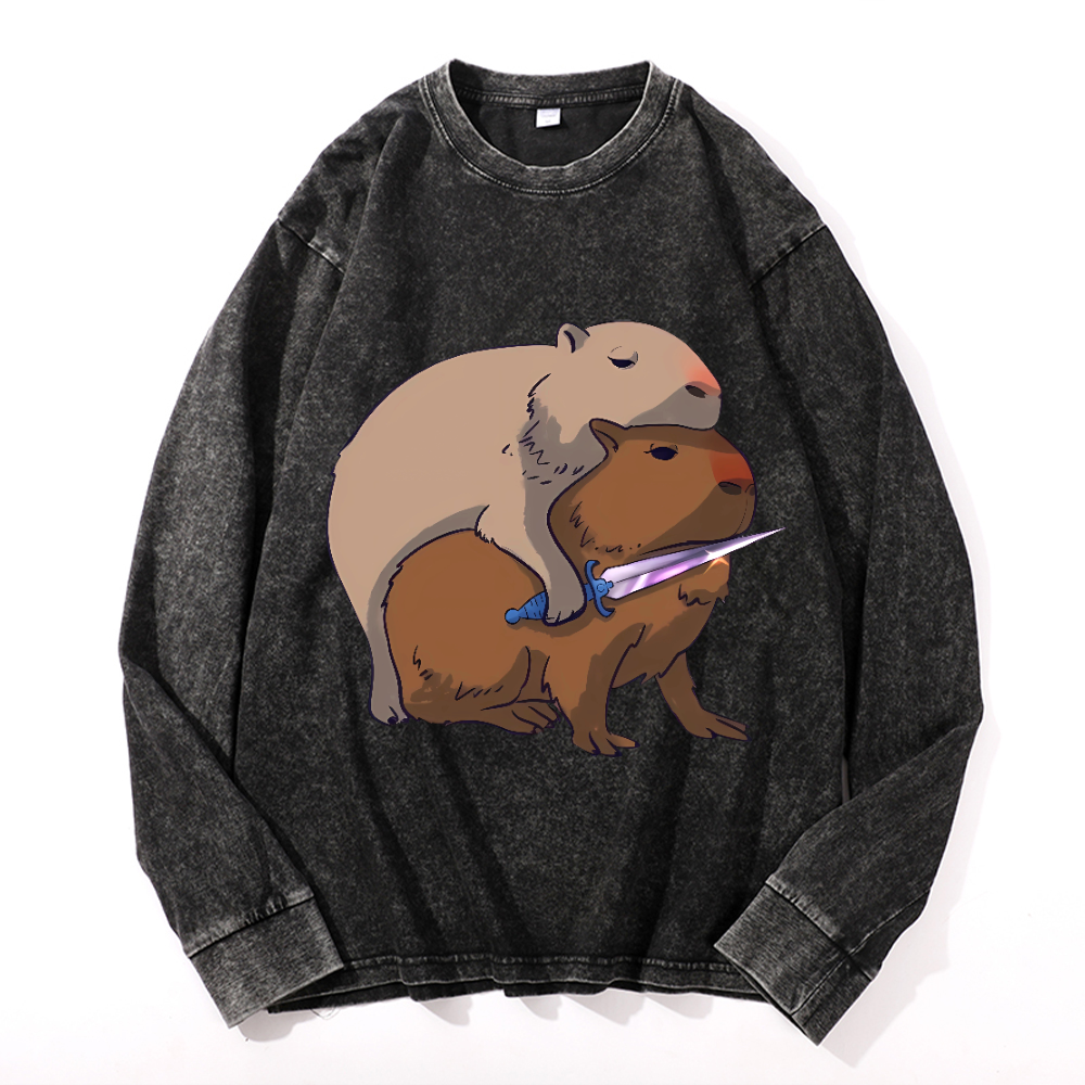 Capybara Vintage Cotton Wash Crewneck Long-Sleeve T-Shirt