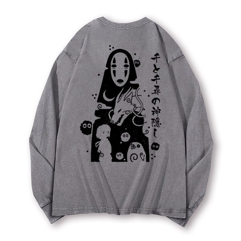 Ghibli No Face Kaonashi Vintage Washed Cotton Back Art Long-sleeve T-shirt