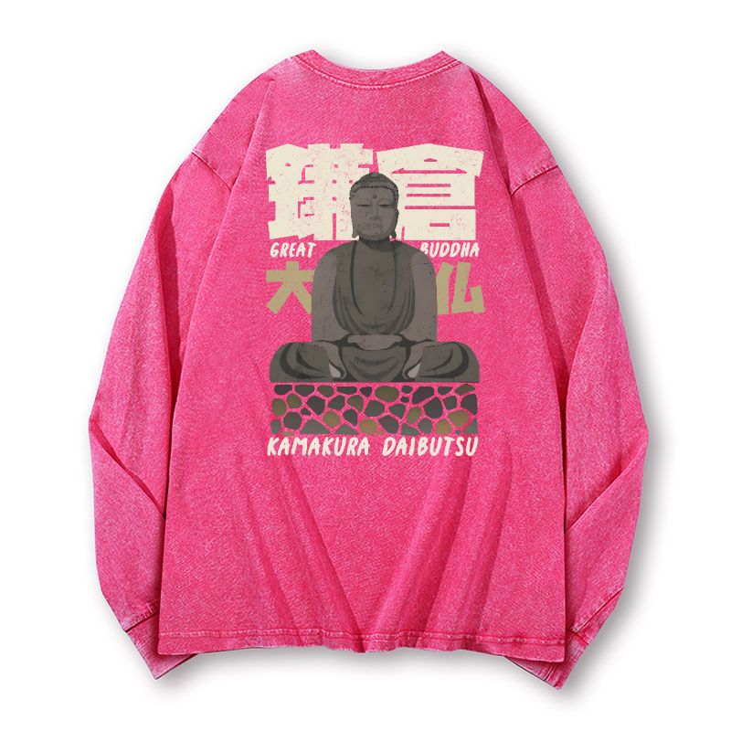 Buddhism Kamakura Daibutsu Great Buddha Vintage Washed Cotton Back Art Long-sleeve T-shirt