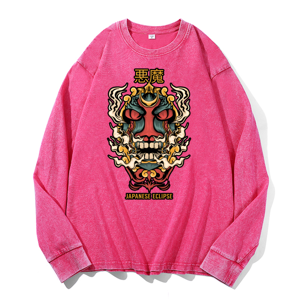 Japanese Eclipse Vintage Cotton Wash Crewneck Long-Sleeve T-Shirt