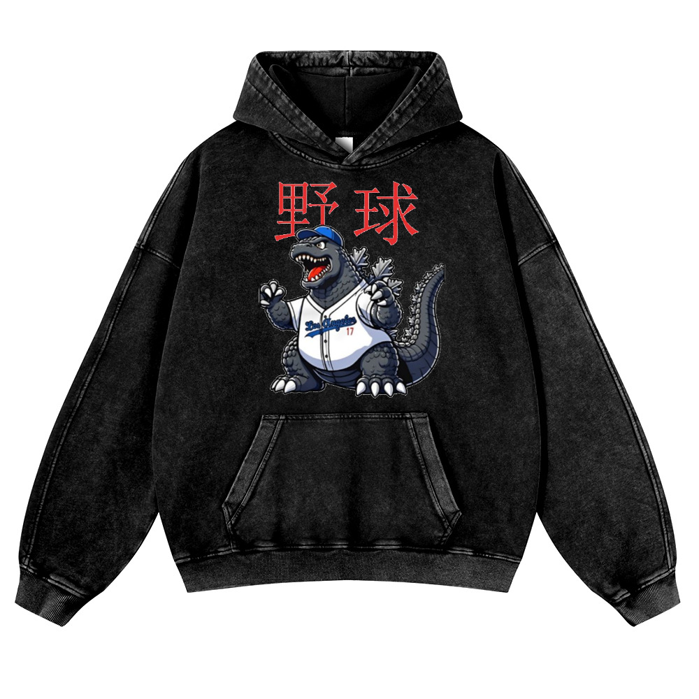 Kaiju Baseball Adventure Vintage Washed Thick Cotton Hoodie