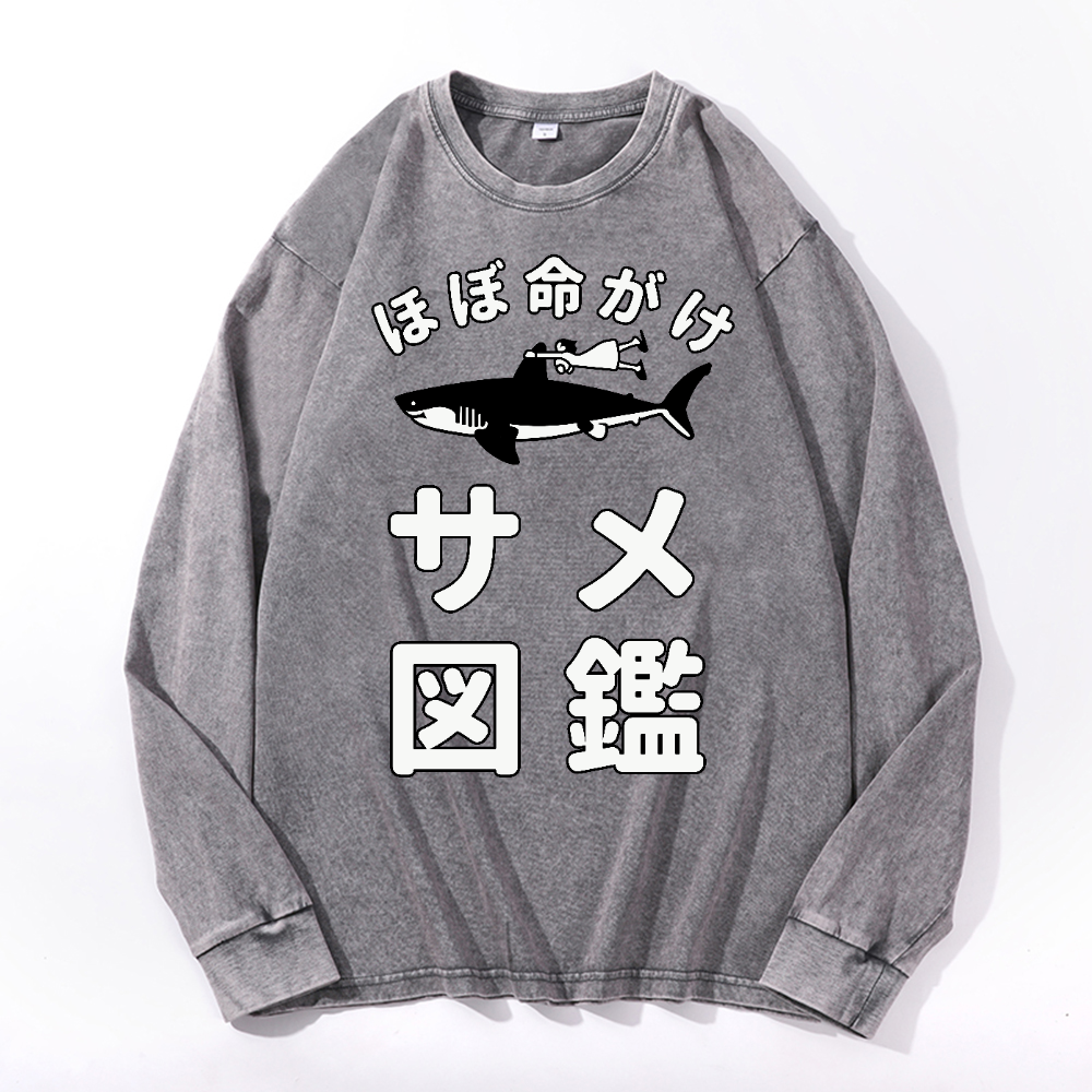 Shark Girl Vintage Cotton Wash Crewneck Long-Sleeve T-Shirt