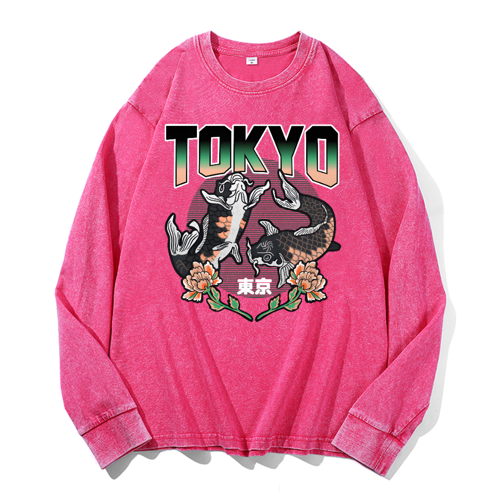 Tokyo Koi Vintage Cotton Wash Crewneck Long-Sleeve T-Shirt