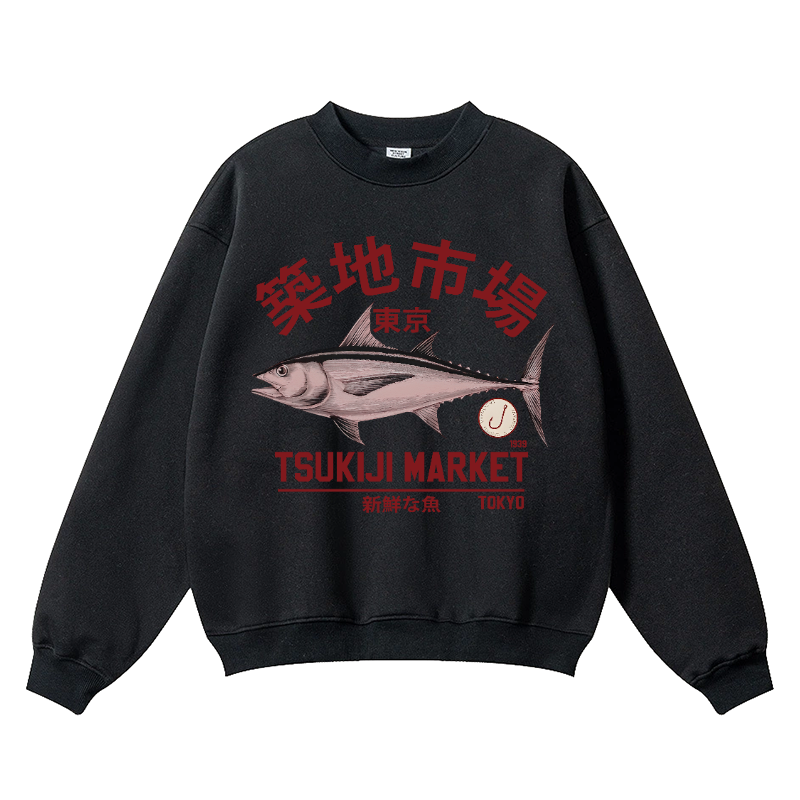 Tsukiji Tuna Fish Market Vintage Cotton Blend Crewneck Sweatshirt