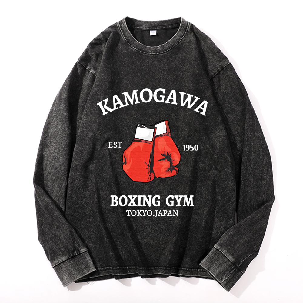 Kamogawa Box GYM Tokyo Japan Vintage Cotton Wash Crewneck Long-Sleeve T-Shirt