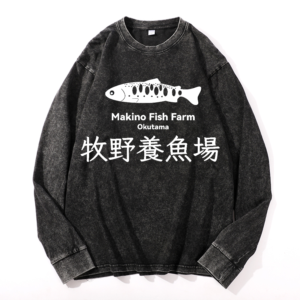 Makino Fish Farm Okutama Vintage Cotton Wash Crewneck Long-Sleeve T-Shirt