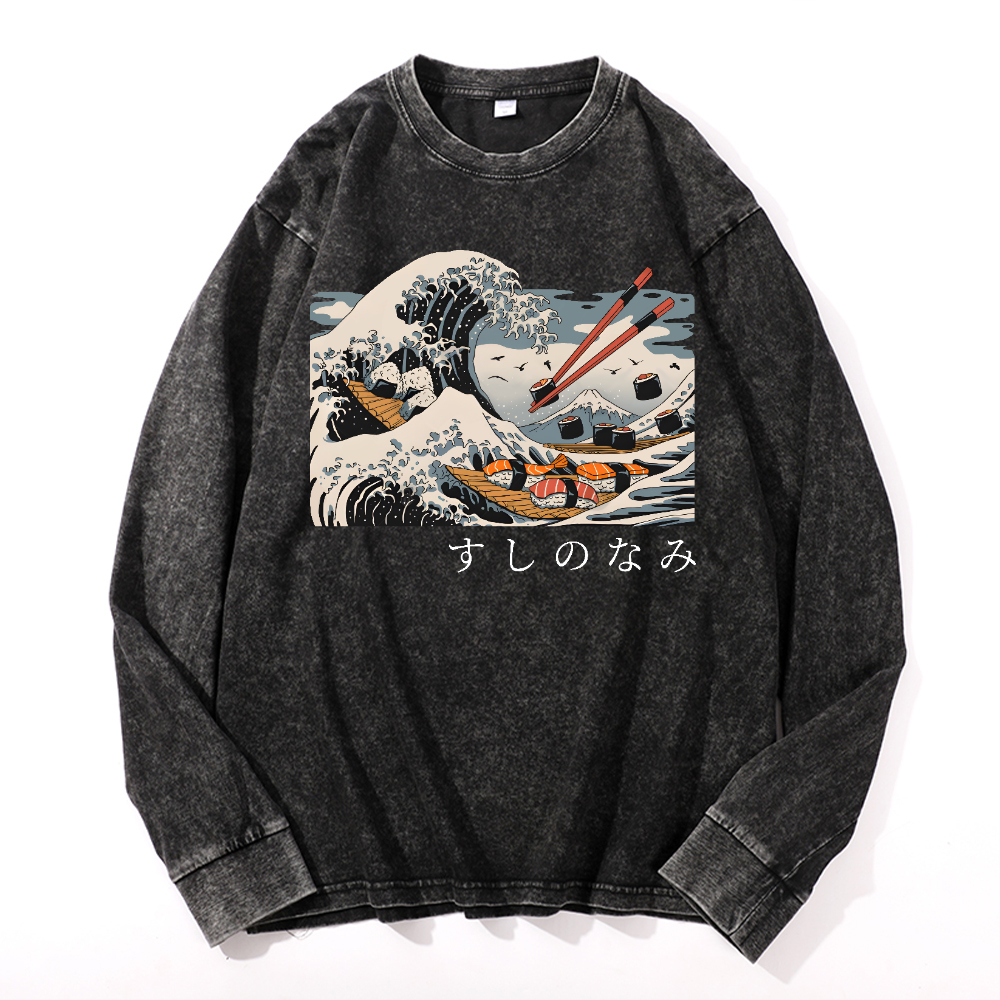 Sushi Kanagawa Vintage Cotton Wash Crewneck Long-Sleeve T-Shirt