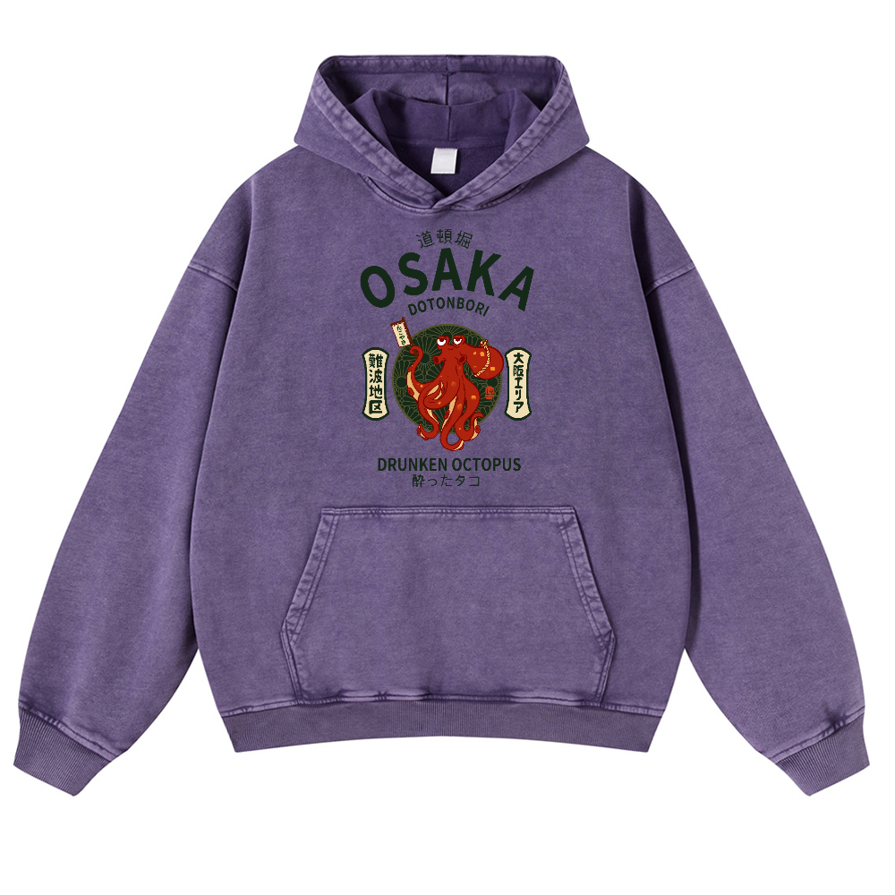 Osaka Dotonbori Drunken Octopus Vintage Washed Thick Cotton Hoodie