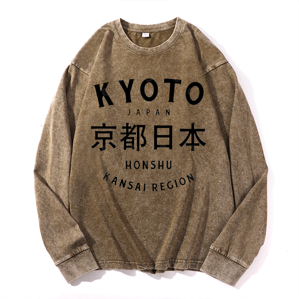 Kyoto Japan Honshu Kansai Region Vintage Cotton Wash Crewneck Long-Sleeve T-Shirt
