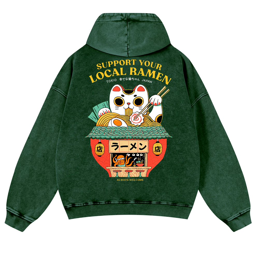 Ramen Lucky Cat Vintage Washed Cotton Back Art Hoodie
