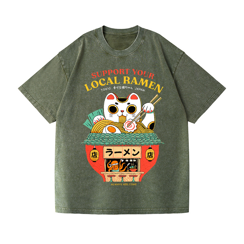 Ramen Lucky Cat Vintage Wash Japanese Design T-Shirt