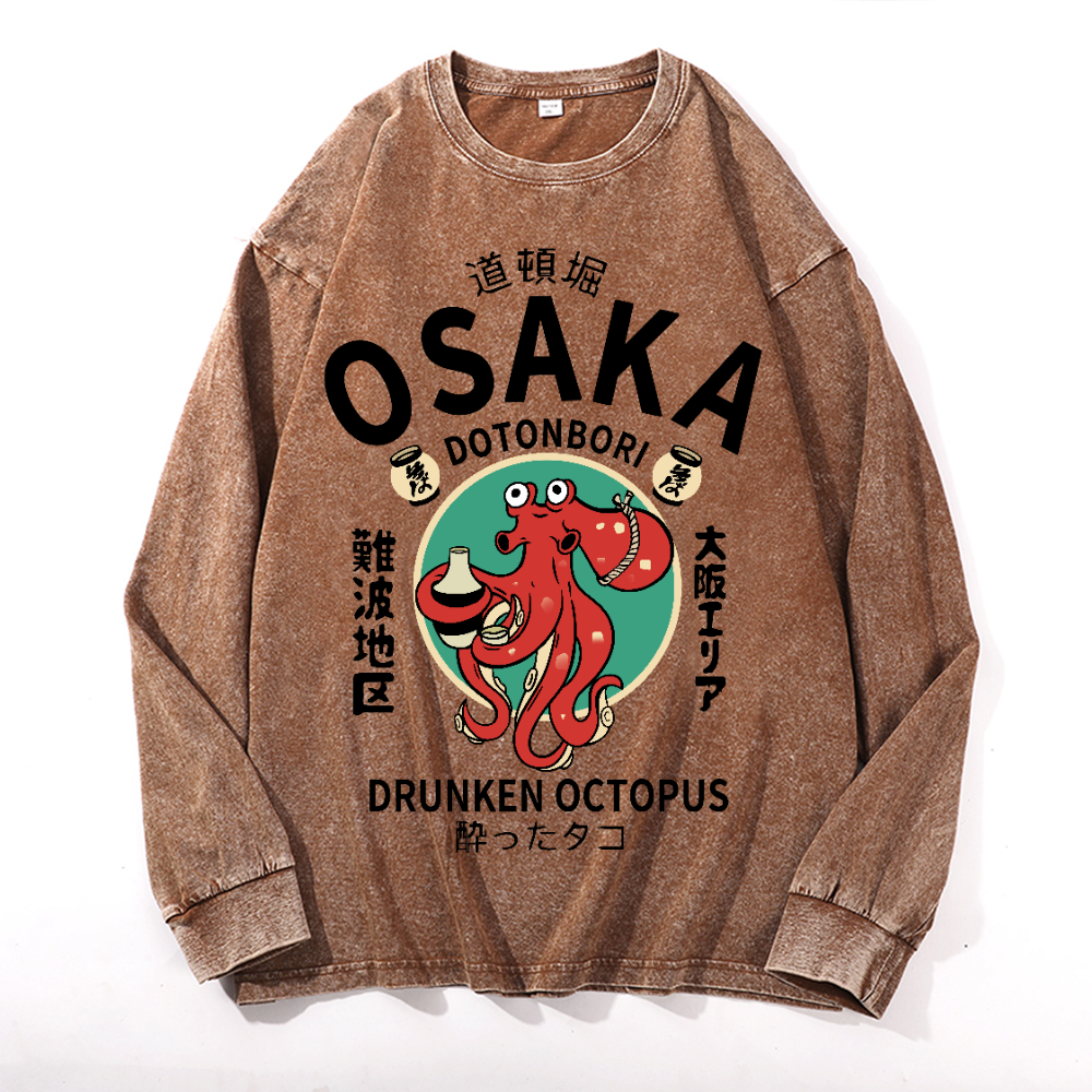 Osaka Drunken Octopus Vintage Cotton Wash Crewneck Long-Sleeve T-Shirt