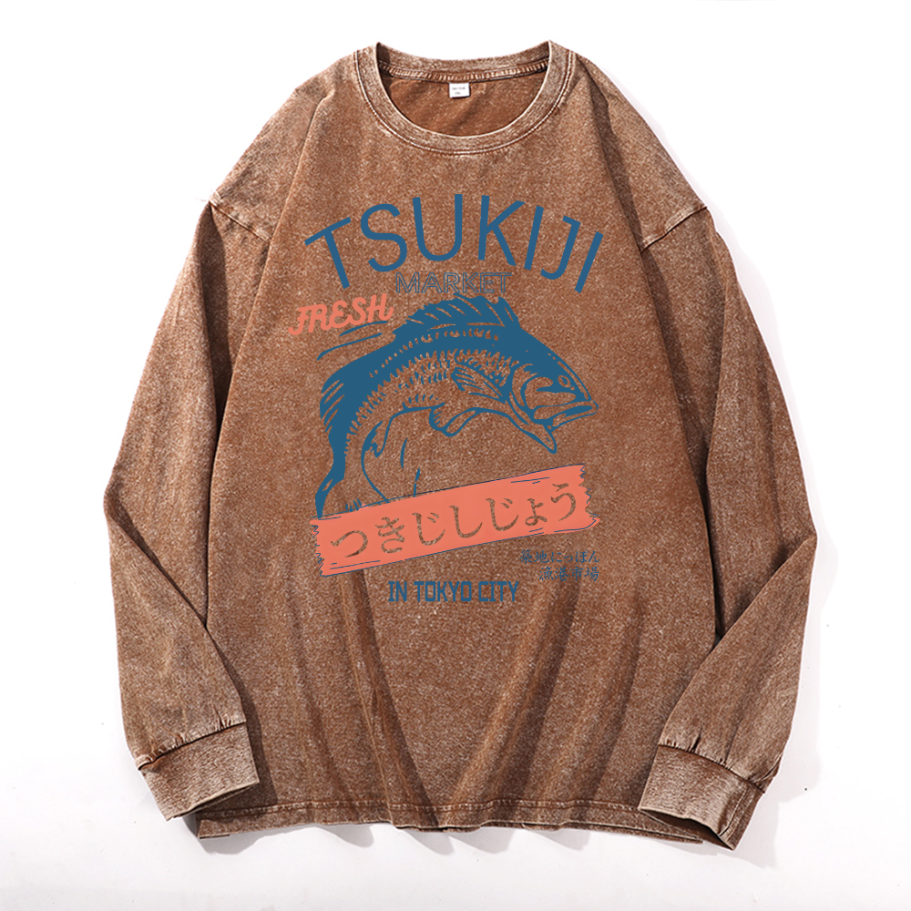 Tsukiji Market Vintage Cotton Wash Crewneck Long-Sleeve T-Shirt