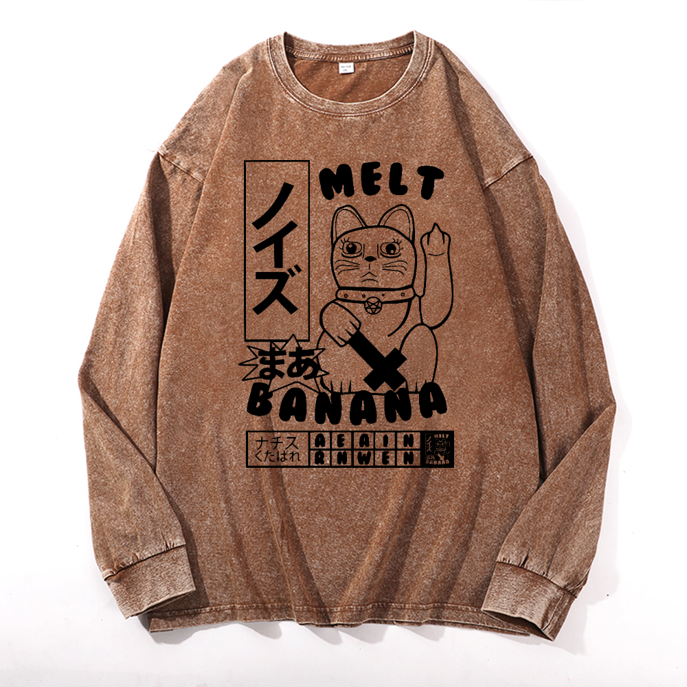 Cat Vintage Cotton Wash Crewneck Long-Sleeve T-Shirt