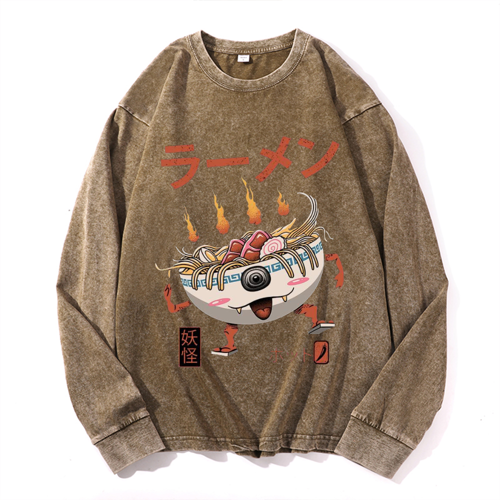 Ramen Monster Vintage Cotton Wash Crewneck Long-Sleeve T-Shirt