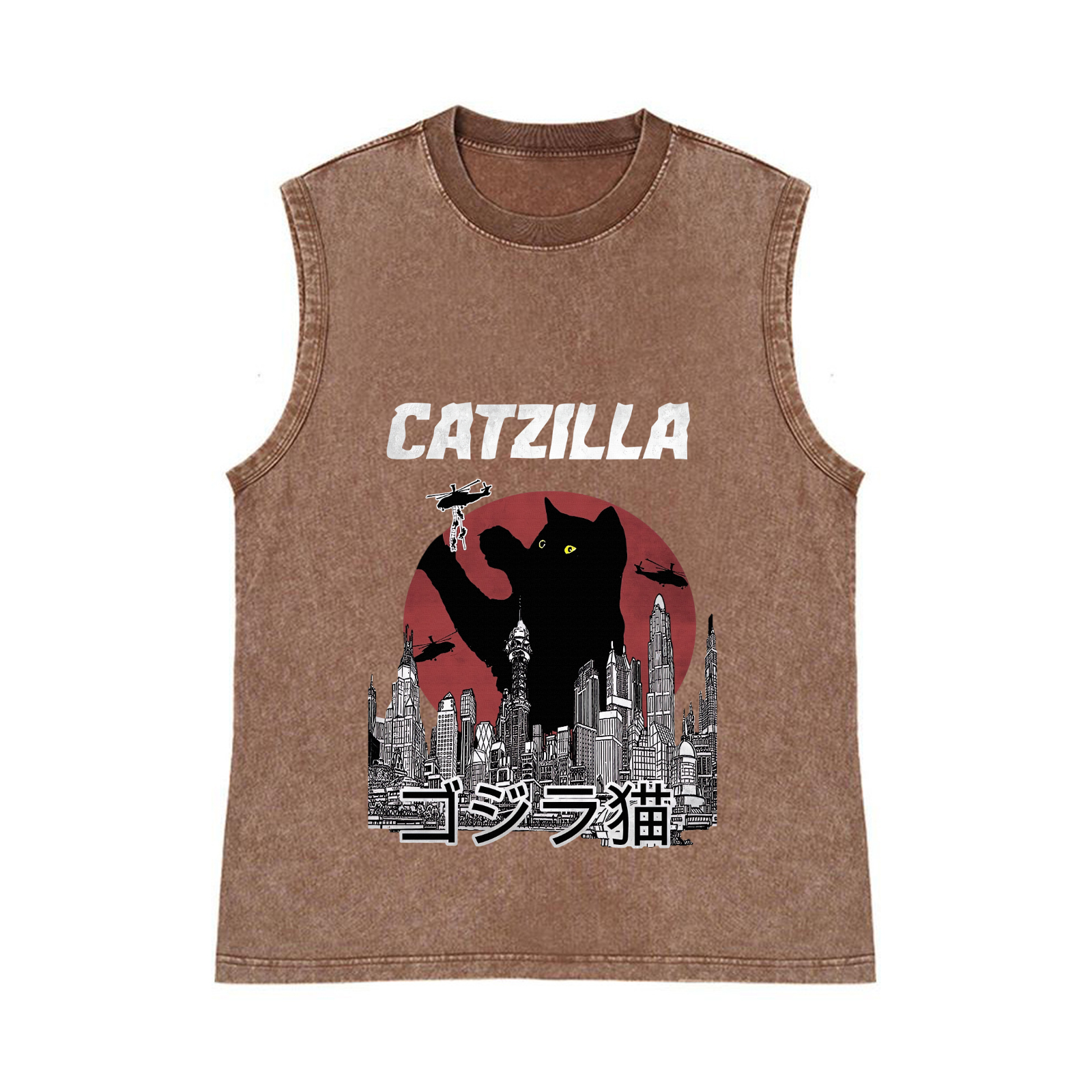 Catzilla Cat Kaiju Pure Cotton Wash-Dyed Sleeveless Tank Top