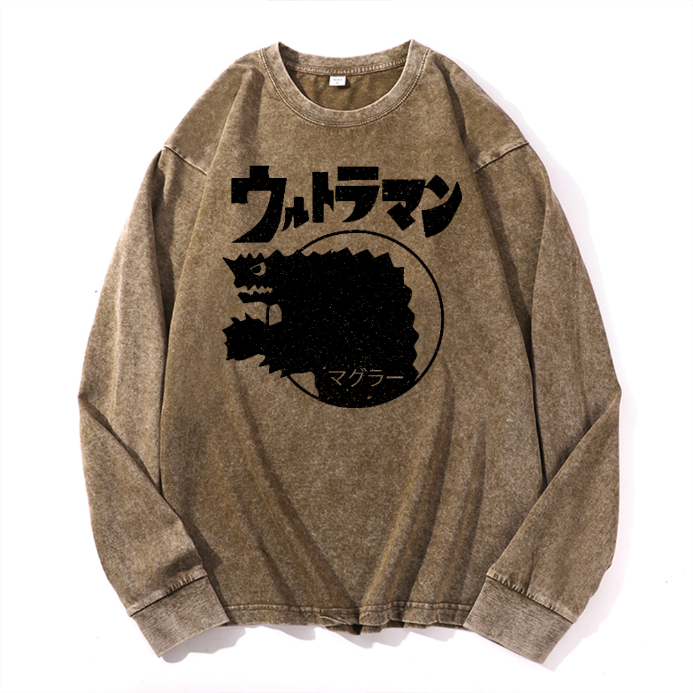 Magular Monster Vintage Cotton Wash Crewneck Long-Sleeve T-Shirt