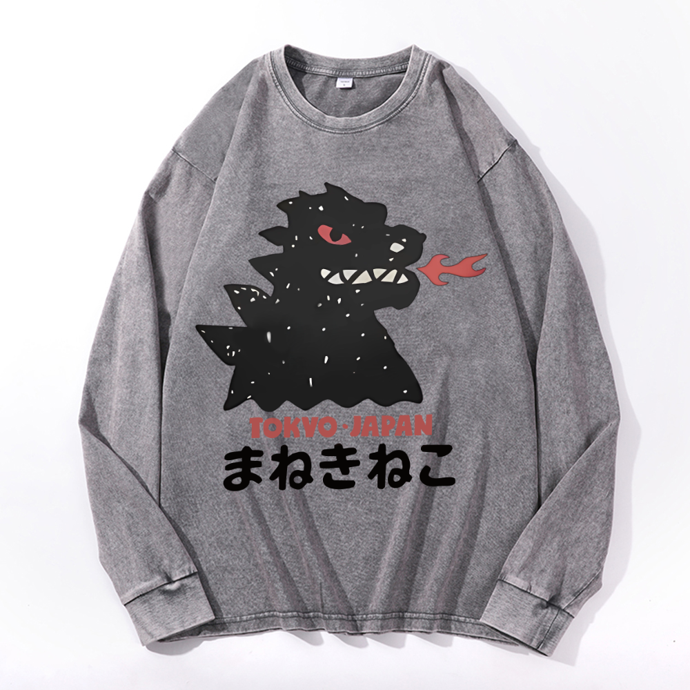 Kaiju Vintage Cotton Wash Crewneck Long-Sleeve T-Shirt