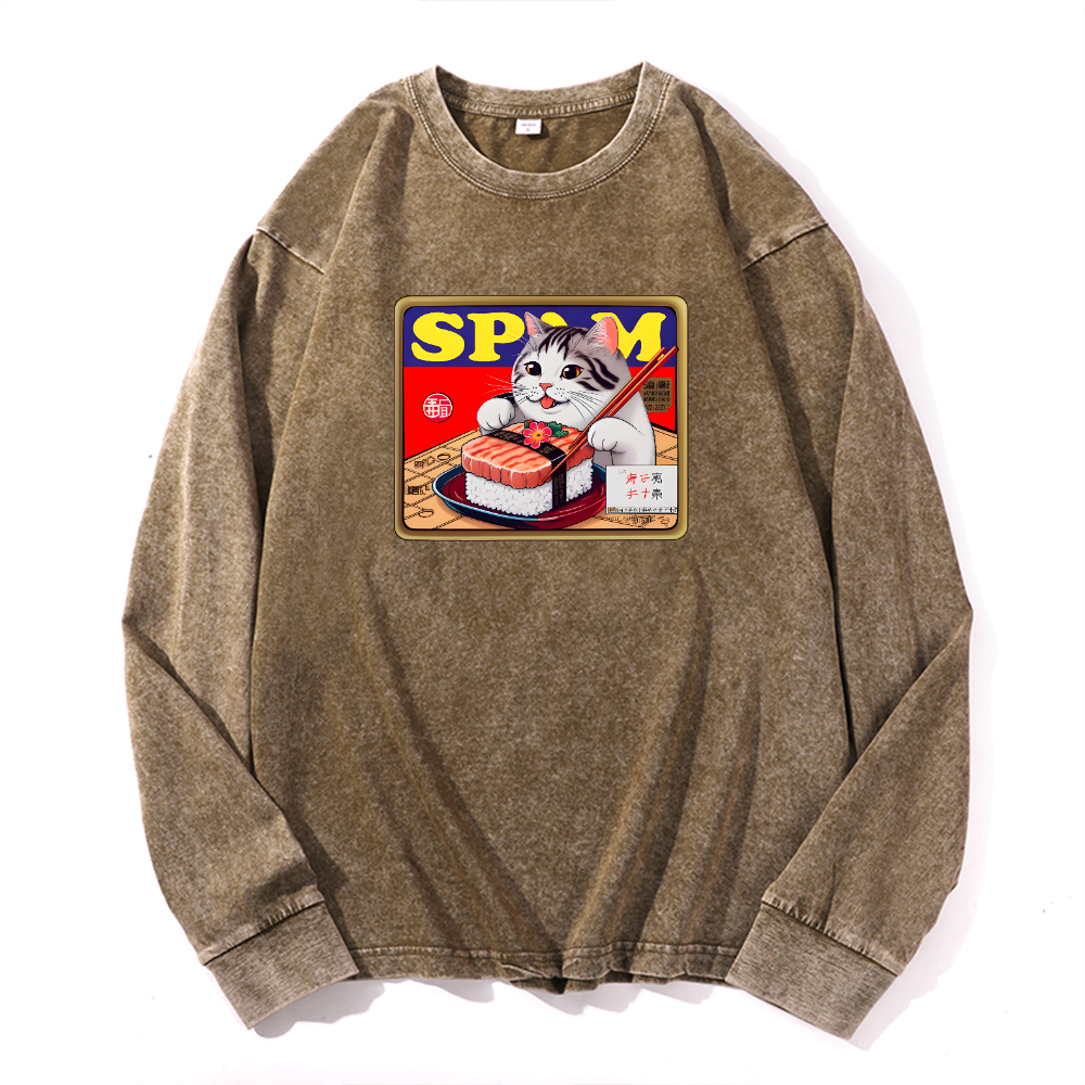 Spam Cat Vintage Cotton Wash Crewneck Long-Sleeve T-Shirt