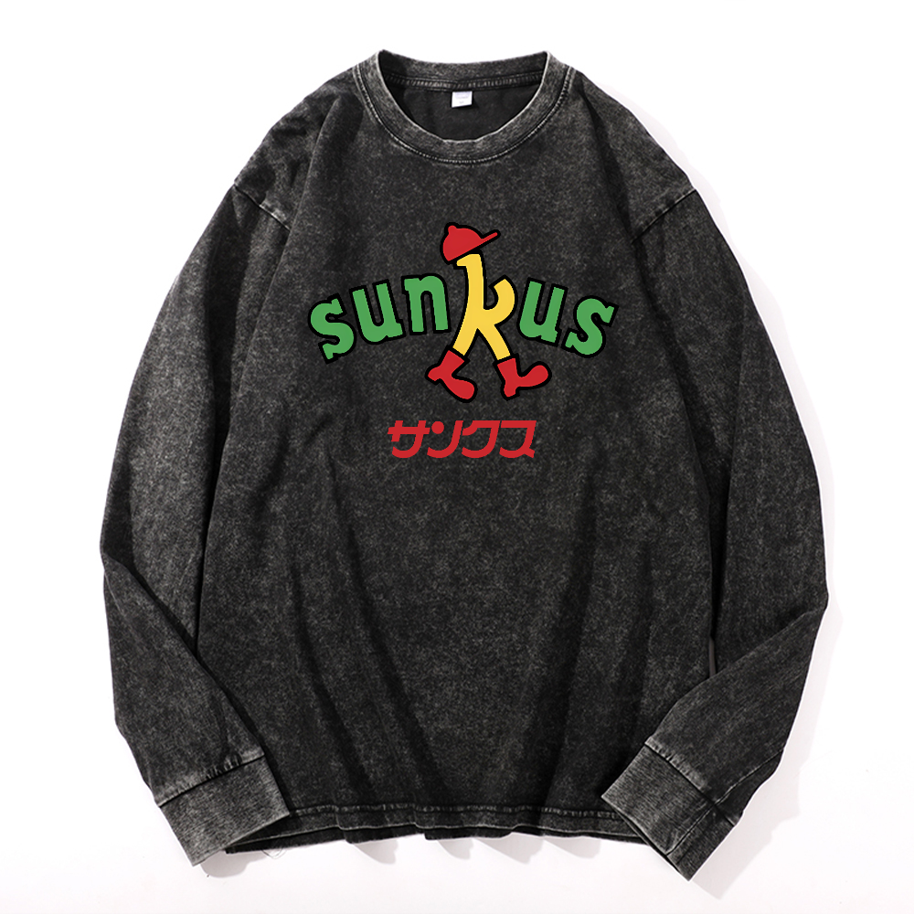 Sunkus Vintage Cotton Wash Crewneck Long-Sleeve T-Shirt
