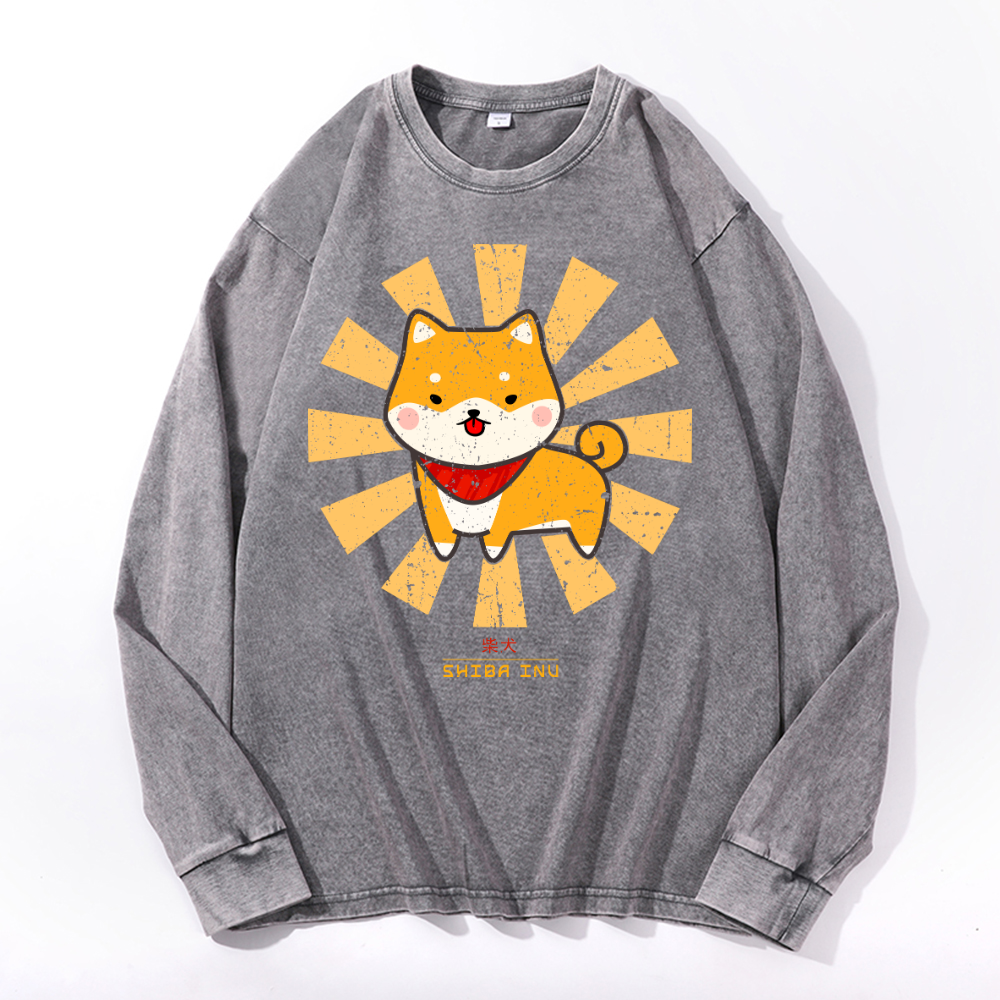 Shiba Inu Vintage Cotton Wash Crewneck Long-Sleeve T-Shirt