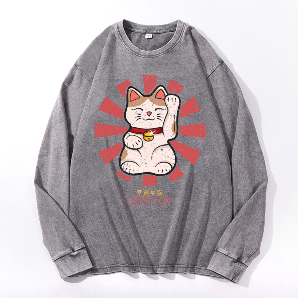 Lucky Cat Vintage Cotton Wash Crewneck Long-Sleeve T-Shirt