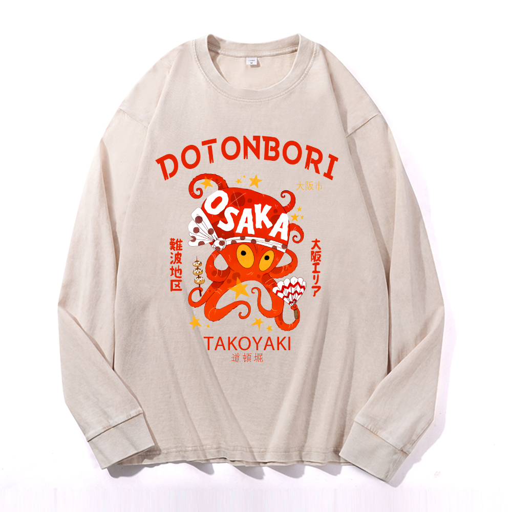 Dotonbori Takoyaki Vintage Cotton Wash Crewneck Long-Sleeve T-Shirt