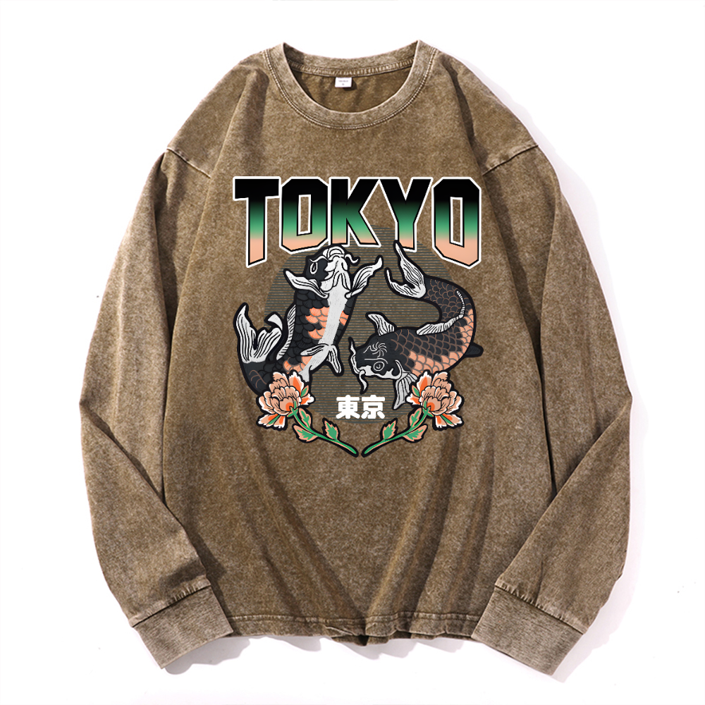 Tokyo Koi Vintage Cotton Wash Crewneck Long-Sleeve T-Shirt