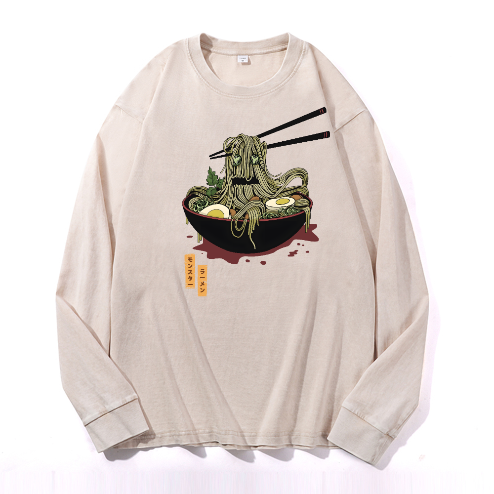 Ramen Monster Vintage Cotton Wash Crewneck Long-Sleeve T-Shirt