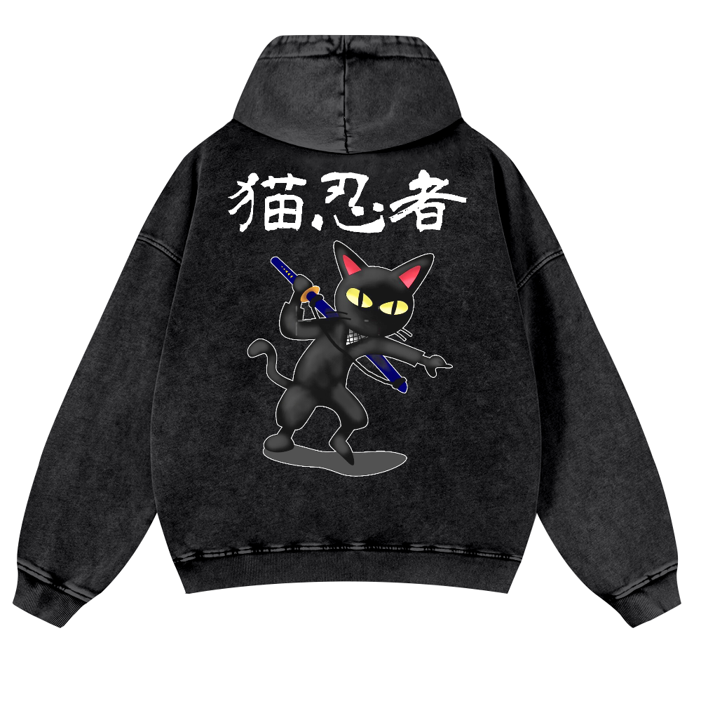 Cat Ninja Vintage Washed Cotton Back Art Hoodie