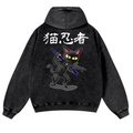 Cat Ninja Vintage Washed Cotton Back Art Hoodie