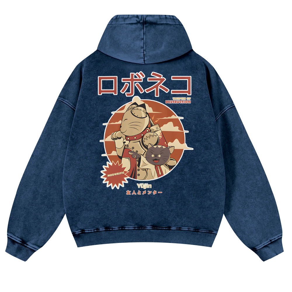 Cat Anime Vintage Washed Cotton Back Art Hoodie