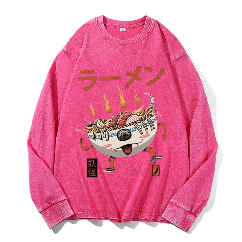 Ramen Monster Vintage Cotton Wash Crewneck Long-Sleeve T-Shirt